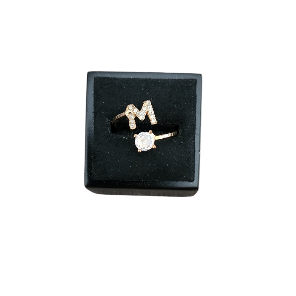 Size 6.5 Gold Toned Initial 'M' and Solitaire CZ Open Ring - Gold